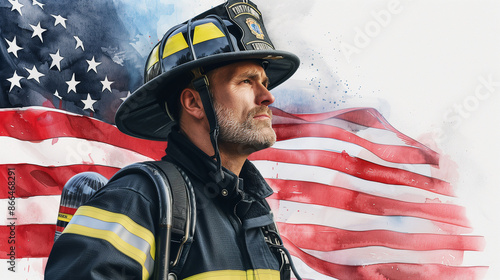watercolor scene of a firefighter holding an American flag, standing in front of a backdrop of stars and stripes, honoring Patriot Day 