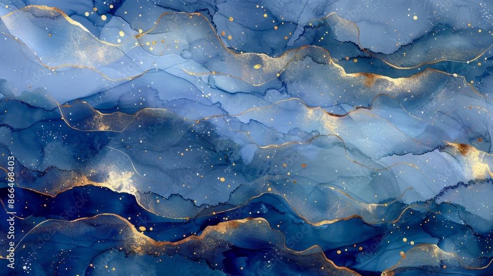 The image is a beautiful blue and gold painting of the ocean The image is a beautiful blue and gold painting of the ocean