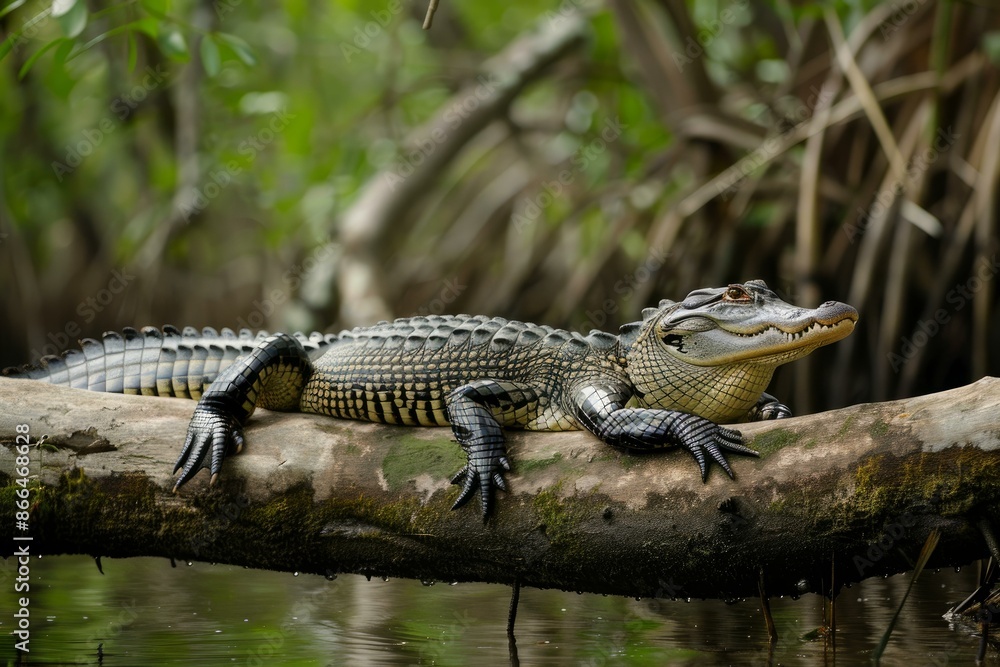 A young american alligator lies on a log in its natural wetland habitat, with a serene expression A young american alligator lies on a log in its natural wetland habitat, with a serene expression