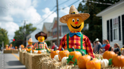 Wide angle of an Oktoberfest parade featuring floats decorated with hay bales, pumpkins, and scarecrows, with a crowd of spectators  photo