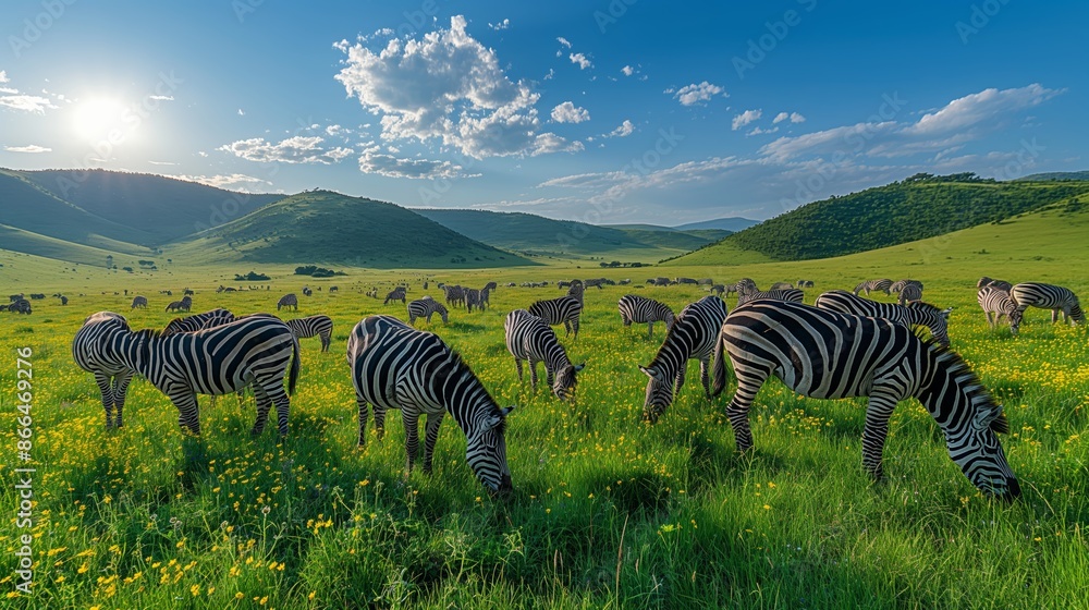 Naklejka premium Zebras Grazing on Green Grass in the Serengeti National Park, Tanzania with a Clear Blue Sky and Rolling Hills