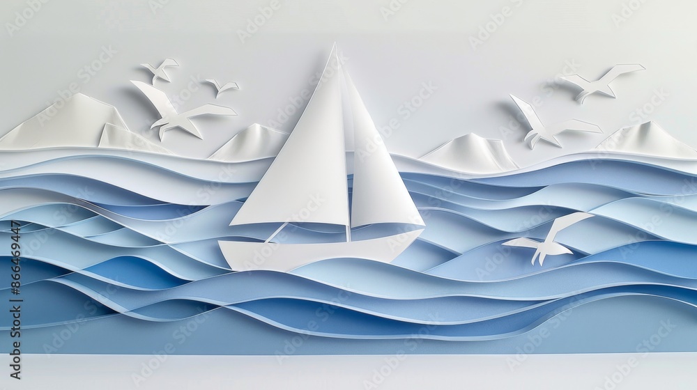 A serene papercut scene of a sailboat gliding across a calm ocean. The sails are billowing gently in the wind, and seagulls soar overhead, creating a sense of peace and tranquility. A serene papercut scene of a sailboat gliding across a calm ocean. The sails are billowing gently in the wind, and seagulls soar overhead, creating a sense of peace and tranquility.