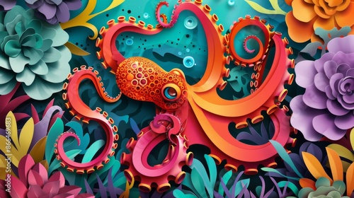 A playful papercut design featuring an octopus hiding amongst colorful anemones. Its tentacles are twisted and curled, showcasing its intelligence and adaptability.