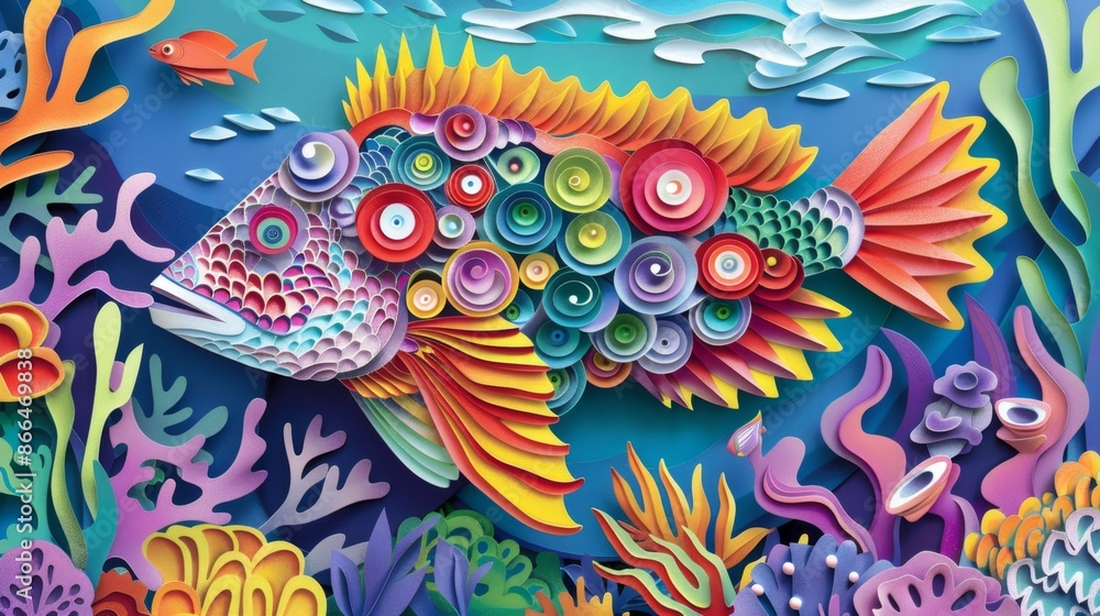 A colorful papercut of a tropical fish swimming amidst coral reefs. The fish is adorned with intricate patterns and vibrant hues, showcasing the incredible diversity and beauty of marine life. A colorful papercut of a tropical fish swimming amidst coral reefs. The fish is adorned with intricate patterns and vibrant hues, showcasing the incredible diversity and beauty of marine life.