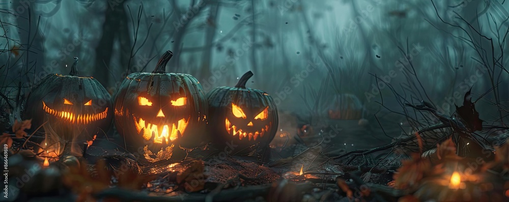 Spooky, glowing jack-o'-lanterns illuminate a foggy, eerie forest scene, perfect for Halloween themes and atmospheric, mystical imagery. Spooky, glowing jack-o'-lanterns illuminate a foggy, eerie forest scene, perfect for Halloween themes and atmospheric, mystical imagery.