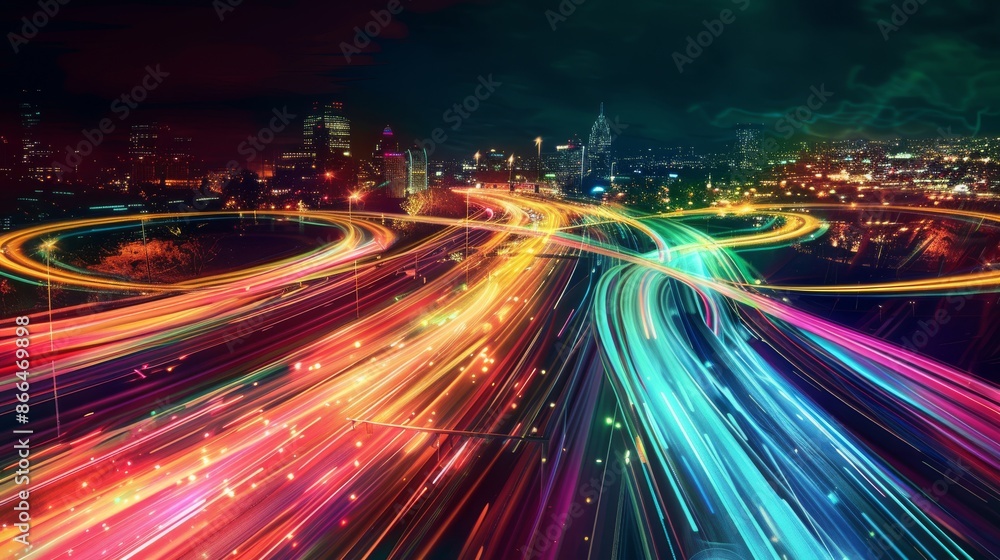 Obraz premium Dynamic Futuristic Highway with Neon Light Trails at Night