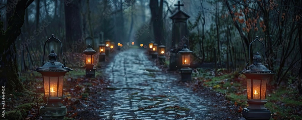 Mysterious forest pathway illuminated by lanterns on a foggy evening, creating an enchanting and eerie atmosphere perfect for Halloween themes. Mysterious forest pathway illuminated by lanterns on a foggy evening, creating an enchanting and eerie atmosphere perfect for Halloween themes.