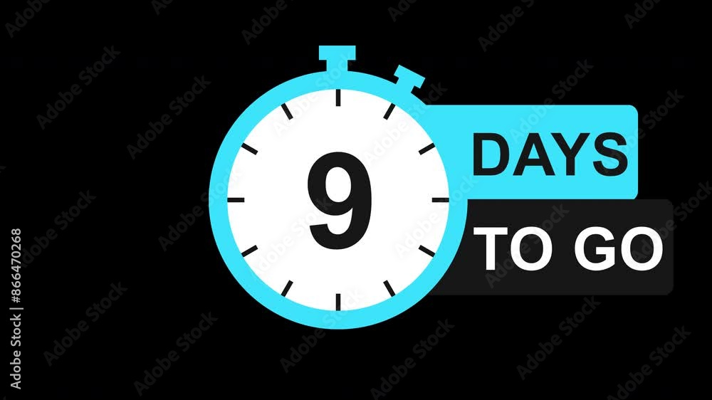 Nine Days To Go, Animated Countdown 9 Days Left, Alpha Channel, Transparent Background Nine Days To Go, Animated Countdown 9 Days Left, Alpha Channel, Transparent Background