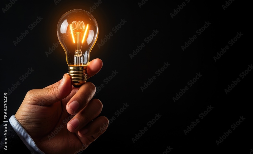 Hand Holding a Lit Lightbulb on Black Background Hand Holding a Lit Lightbulb on Black Background