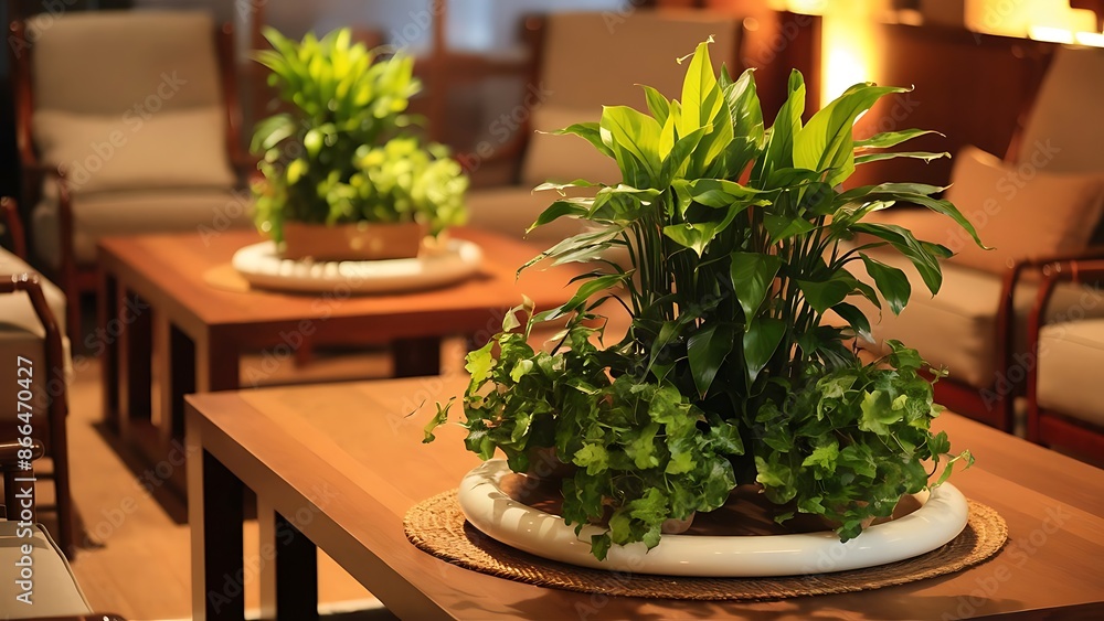 Plant on wooden table living room interior.