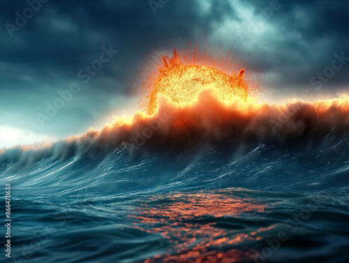 A wave crashing with a fiery sun in the background. The sun is surrounded by a cloud of fire, creating a dramatic and intense scene. The ocean water is choppy and turbulent photo