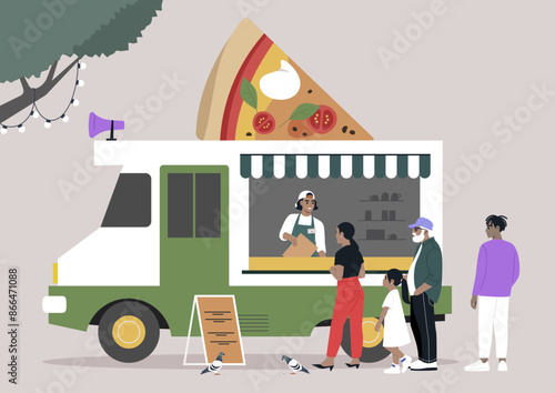 A food truck specializing in pizza is open for business, serving a line of eager customers under a canopy of trees