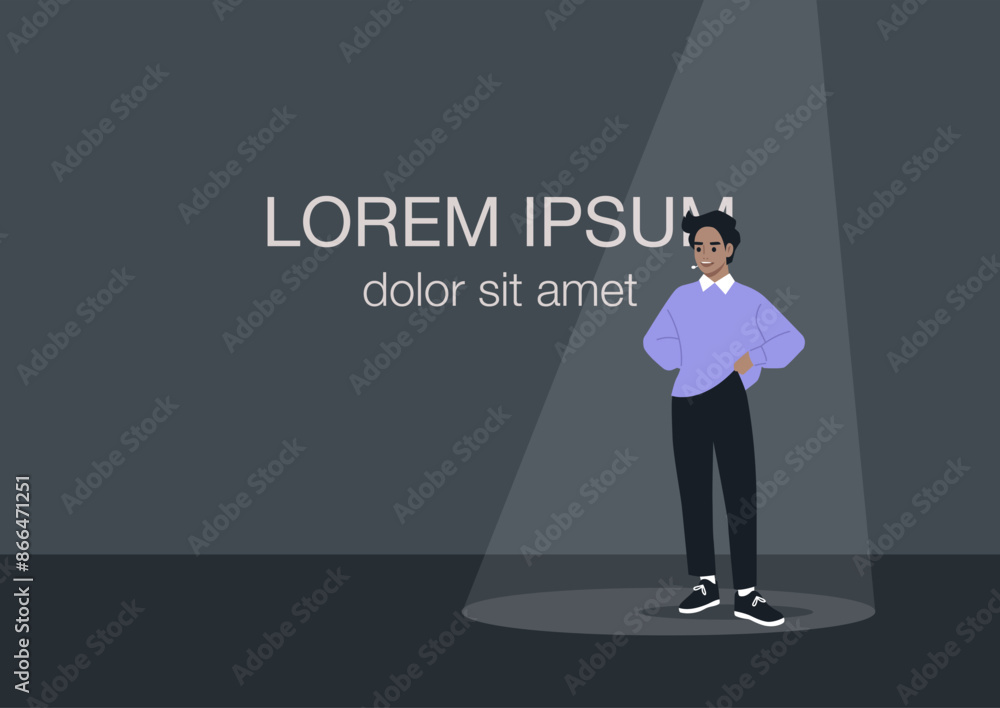 A character stands confidently in a spotlight on a stage, their figure outlined in bright light against a dark background A character stands confidently in a spotlight on a stage, their figure outlined in bright light against a dark background
