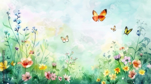 Watercolor illustration of a beautiful summer landscape with flowers and butterflies.