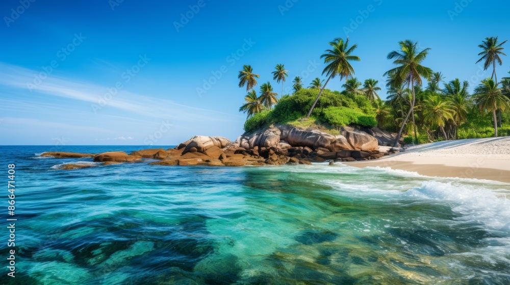 Fototapeta premium Tranquil seascape azure ocean, foamy waves, lone island embraced by vibrant palm trees