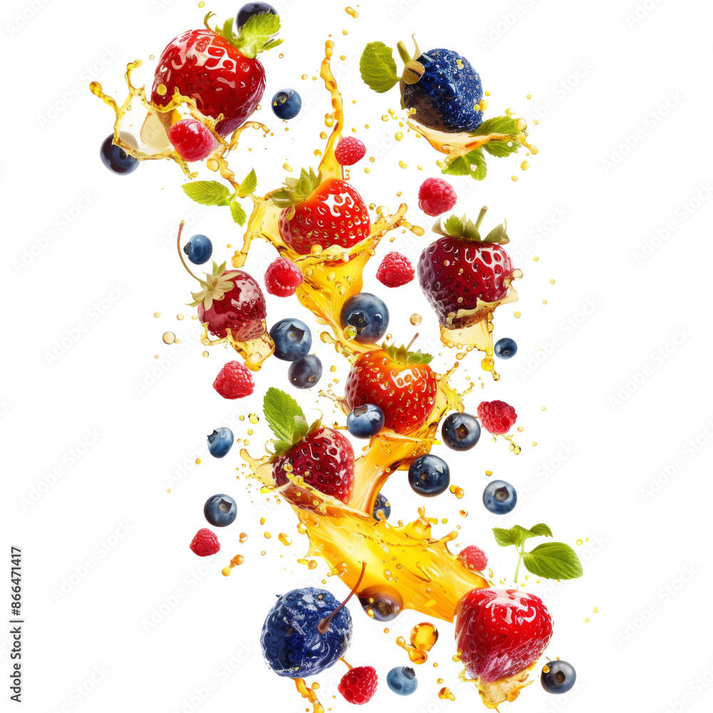 Vibrant mixed berries splashing in colorful juice with fresh mint leaves Vibrant mixed berries splashing in colorful juice with fresh mint leaves