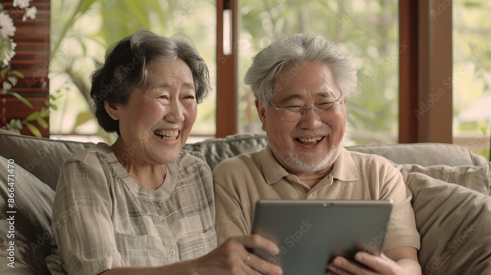 Senior asian couple joyfully video calling family at home Senior asian couple joyfully video calling family at home