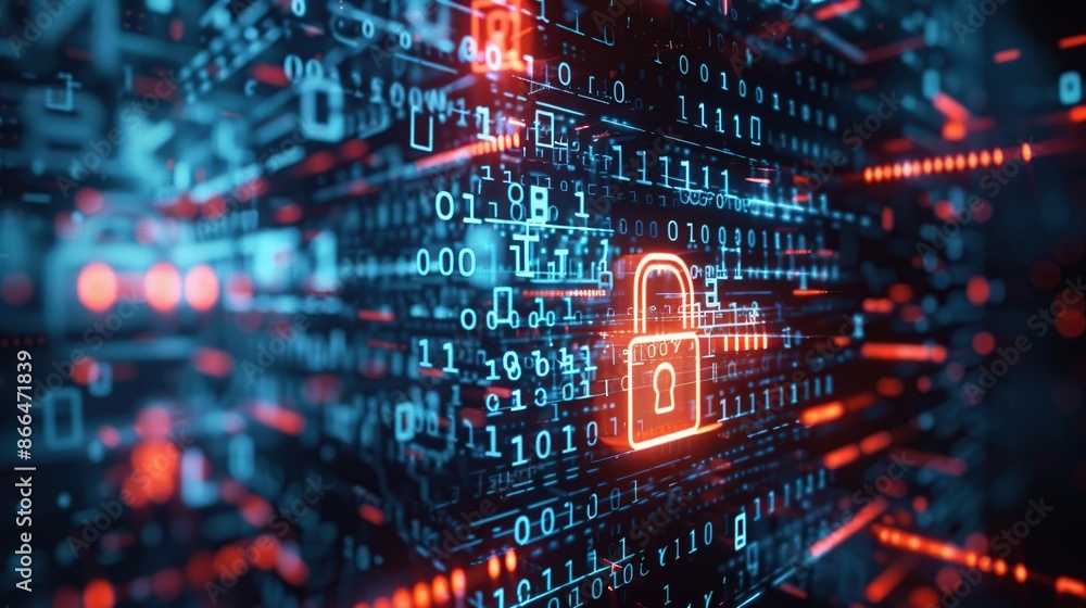 Abstract digital background with glowing padlock and binary code. Abstract digital background with glowing padlock and binary code.