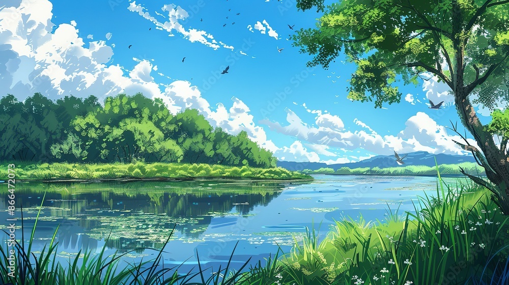 Fototapeta premium Serene Summer Landscape with a Calm River and Lush Greenery