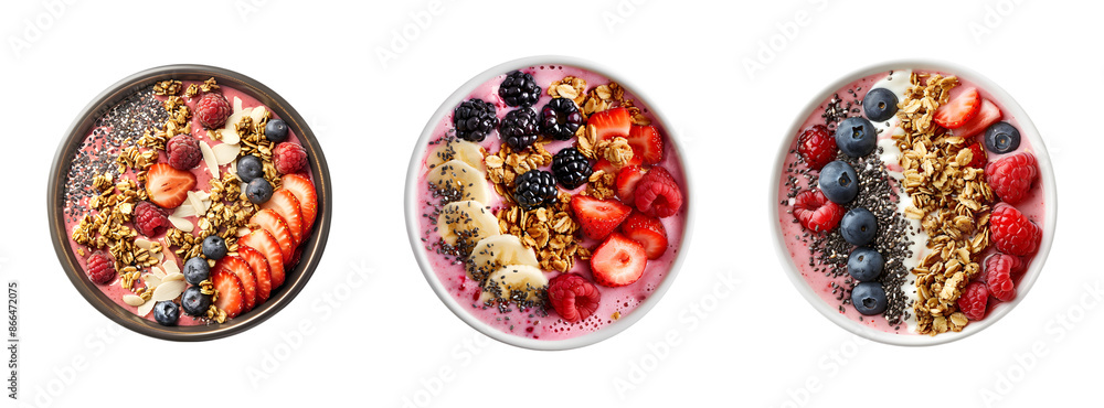 Healthy Smoothie Bowl Topped with Granola, Fresh Berries, and Chia Seeds on Transparent Background Healthy Smoothie Bowl Topped with Granola, Fresh Berries, and Chia Seeds on Transparent Background