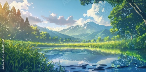 Serene Mountain Lake with Green Grass and Sunlight
