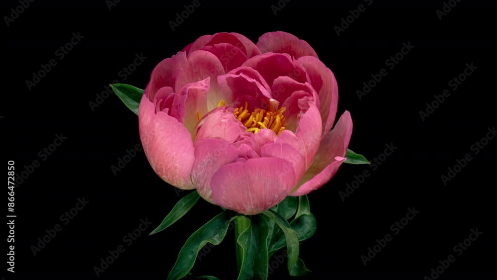 Timelapse of pink peony flower blooming on black background.