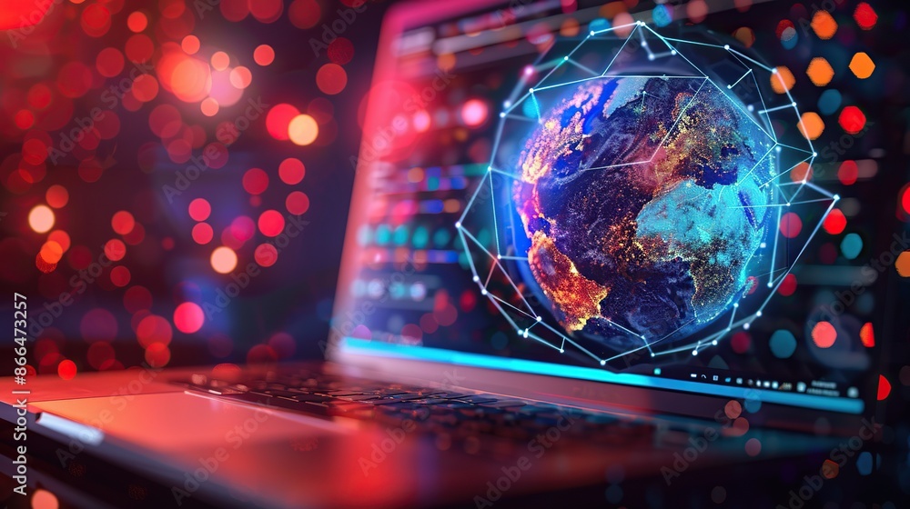 Laptop screen displaying a globe with glowing lines and dots, representing connectivity and global reach. Laptop screen displaying a globe with glowing lines and dots, representing connectivity and global reach.