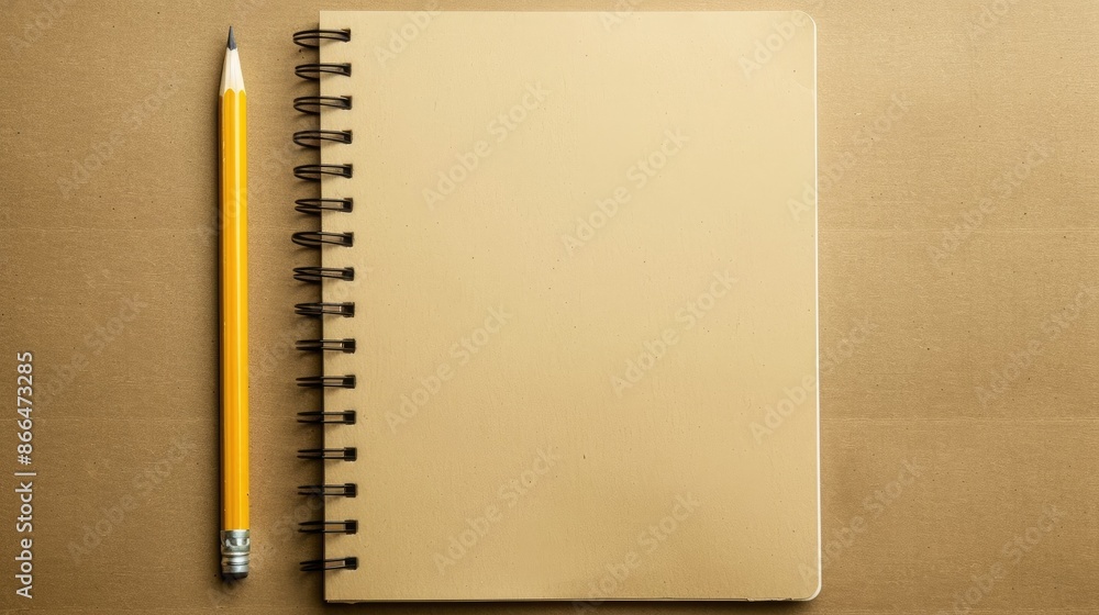 Spiral notebook and pencil on beige background with blank paper for text Spiral notebook and pencil on beige background with blank paper for text