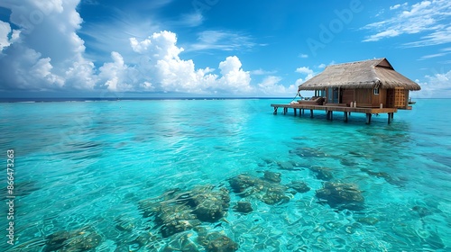 This is a photo of an overwater bungalow in a tropical setting. The bungalow is surrounded by crystal clear water with a coral reef underneath. There are white clouds dotting the blue sky.   © Muzamil