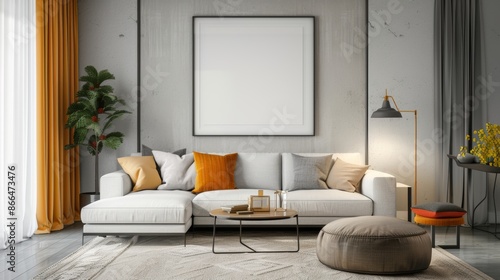 Mockup poster square frame on wall in living room