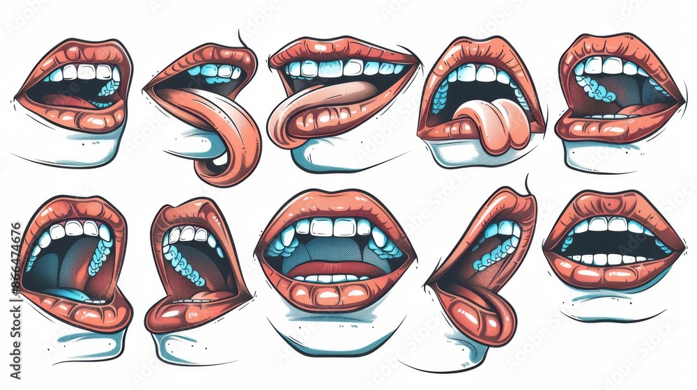 In this mouth animation kit, the face of a young female character is depicted at different positions when the character is talking, speaking, or smiling In this mouth animation kit, the face of a young female character is depicted at different positions when the character is talking, speaking, or smiling