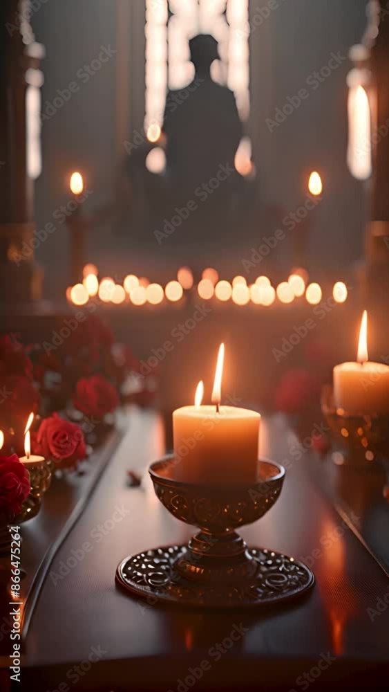 Candles memorial with flowers, remembrance, memory, spirituality, mourning, abstract background. Vertical. Candles memorial with flowers, remembrance, memory, spirituality, mourning, abstract background. Vertical.