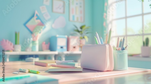 Wallpaper Mural A close-up of a desk in a home office, featuring pastel-colored pens and pencils in a holder and a pencil case Torontodigital.ca