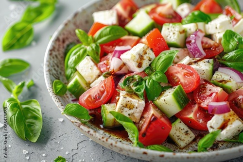 Fresh and vibrant Mediterranean salad with tomatoes, cucumbers, red onions, feta cheese, and basil leaves, perfect for a healthy meal.