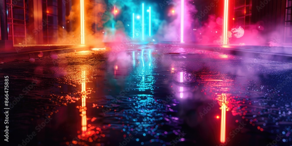 Wet asphalt, reflection of neon lights, a searchlight, smoke. Abstract light in a dark empty street with smoke, smog Wet asphalt, reflection of neon lights, a searchlight, smoke. Abstract light in a dark empty street with smoke, smog
