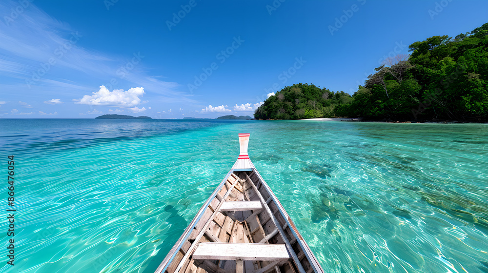 Obraz premium Tropical paradise view from longtail boat in turquoise sea