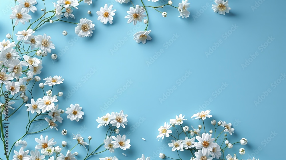 A beautiful flat lay of white daisy flowers with yellow centers and green stems arranged on a serene blue background. Ideal for spring-themed designs, greeting cards, and wallpapers. A beautiful flat lay of white daisy flowers with yellow centers and green stems arranged on a serene blue background. Ideal for spring-themed designs, greeting cards, and wallpapers.