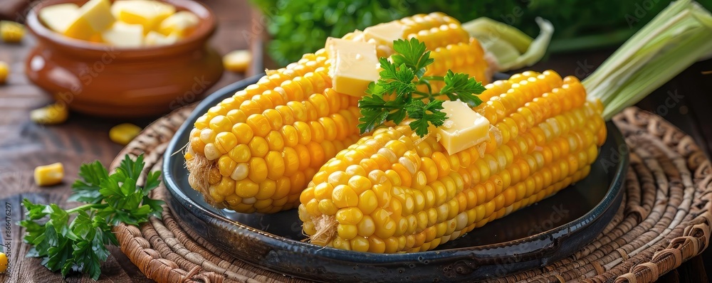 Fototapeta premium Delicious cooked corn on the cob with butter and parsley, served on a black platter. Perfect for a fresh and healthy meal.