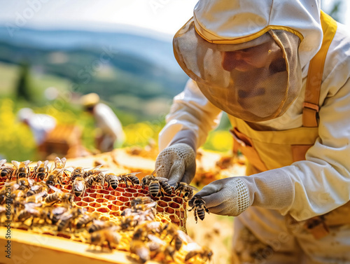 Obraz na płótnie A man in a beekeeper's suit is tending to a hive of bees. The bees are clustered around the man, and he is carefully removing them from the hive w salonie