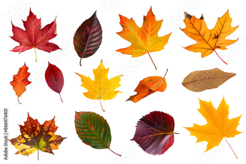 Collection of multicolored fallen autumn leaves isolated on transparent background © Oksana