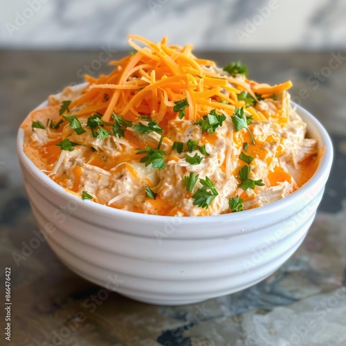 White bowl with buffalo chicken dip with shredded chicken, cream cheese, buffalo sauce, ranch dressing, and shredded cheddar cheese