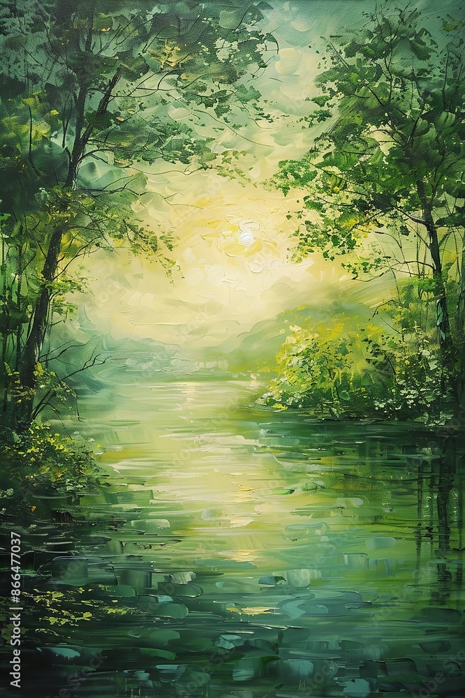 Sunlit Forest Pond in Summer with Lush Green Trees at Sunset Sunlit Forest Pond in Summer with Lush Green Trees at Sunset