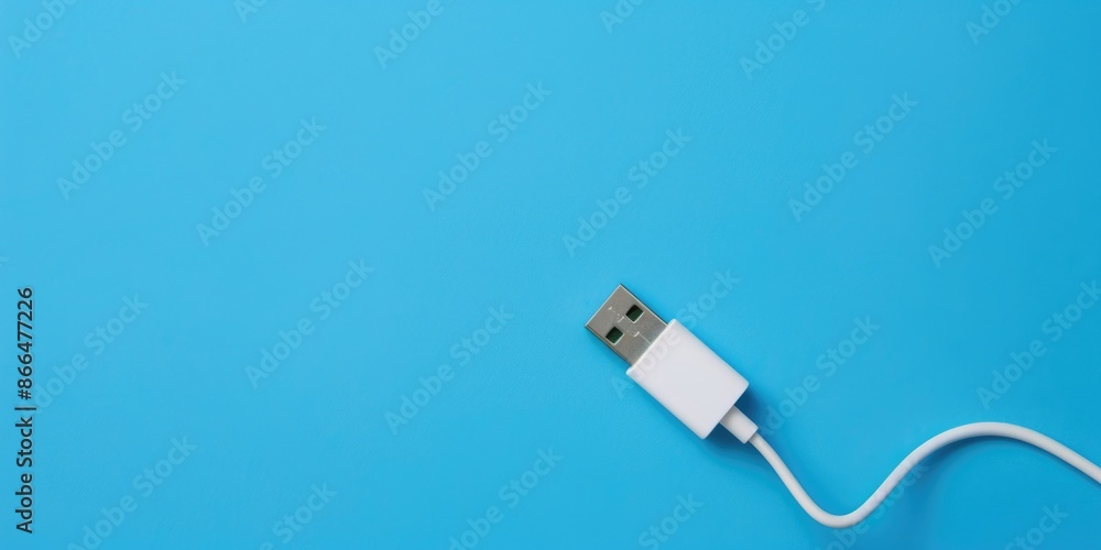 Fototapeta premium White wire usb-c on a blue background stuck in the phone.