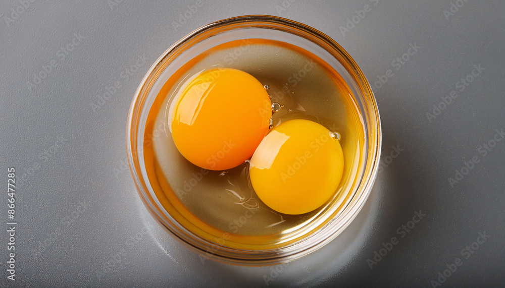 two raw egg yolk in a clear glass bowl, protein and nutrition, flat lay. two raw egg yolk in a clear glass bowl, protein and nutrition, flat lay.