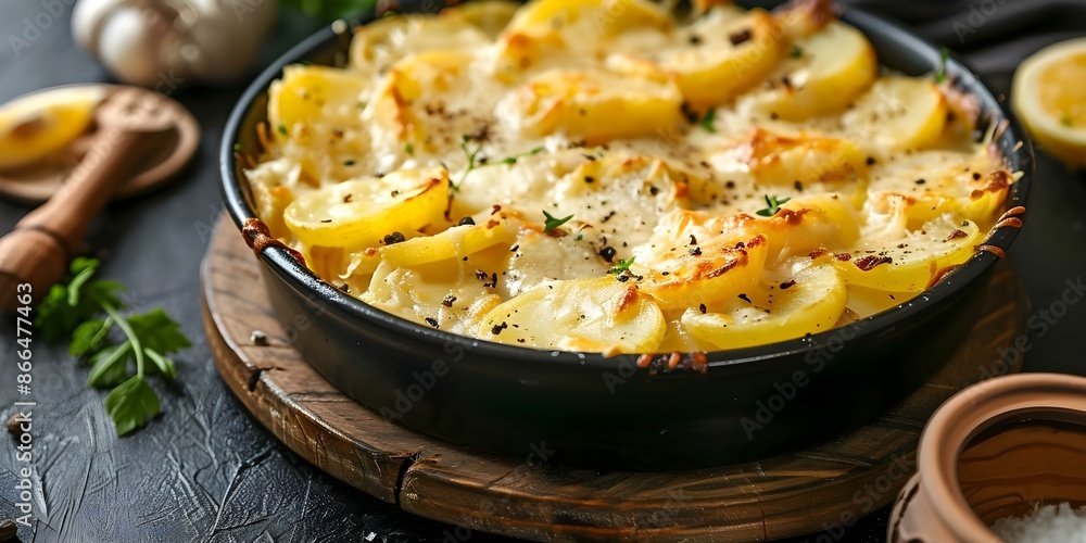 Cheesy Scalloped Potatoes on Dark Background Professional Photo with Copy Space and Selective Focus. Concept Food Photography, Cheesy Scalloped Potatoes, Dark Background, Copy Space, Selective Focus Cheesy Scalloped Potatoes on Dark Background Professional Photo with Copy Space and Selective Focus. Concept Food Photography, Cheesy Scalloped Potatoes, Dark Background, Copy Space, Selective Focus