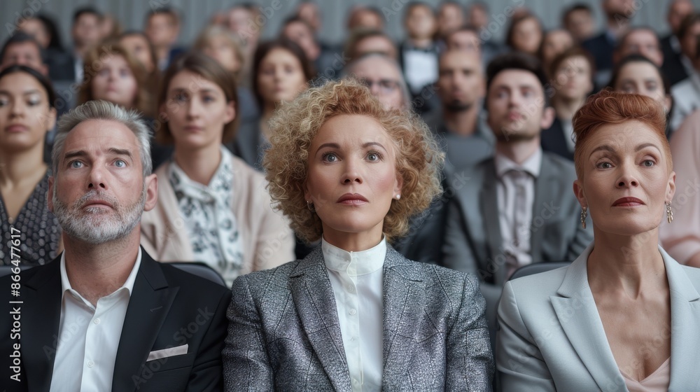 A group of people are sitting in a theater watching a performance A group of people are sitting in a theater watching a performance