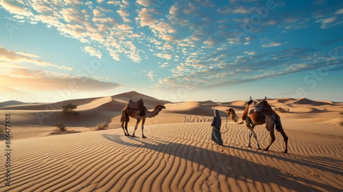 Desert camel caravan silhouetted against blue sky  travel adventure in sandy dunes