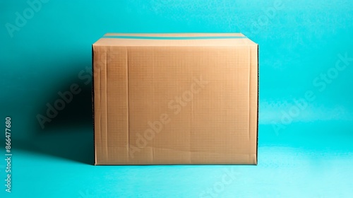 Indigo background showcasing a bulky blank cardboard box, minimalist.