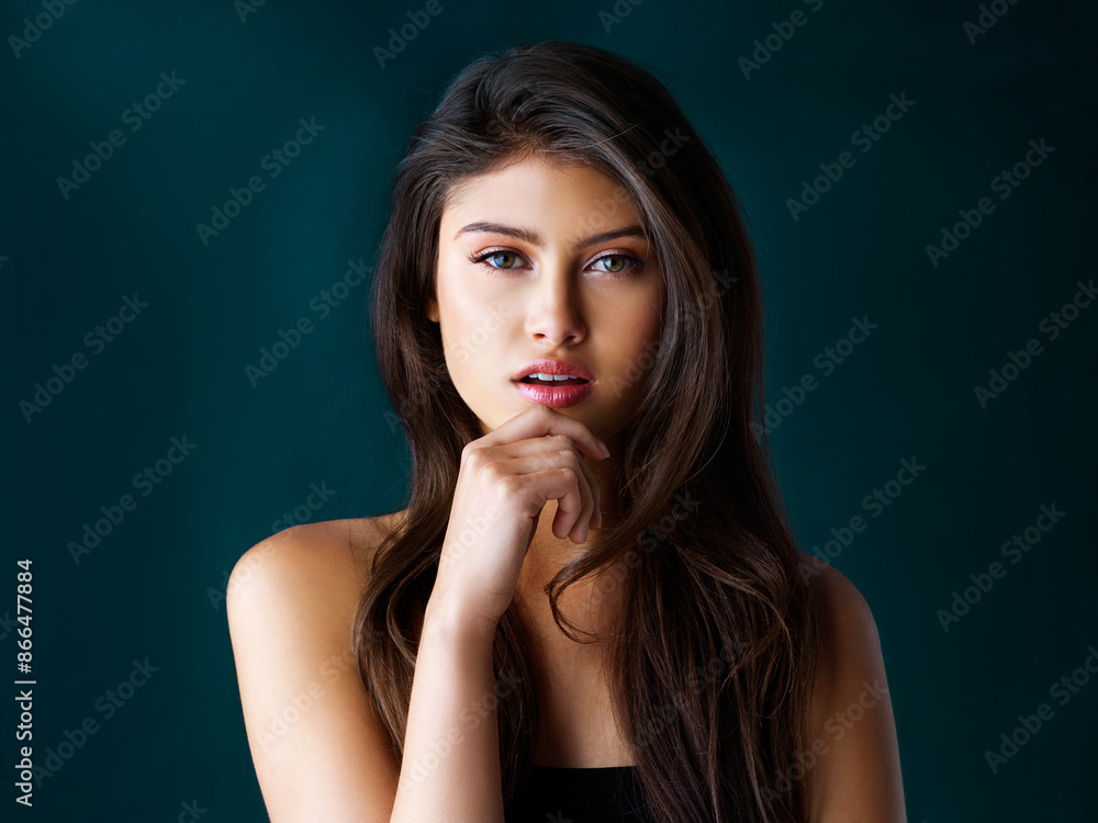 Portrait, hair care and woman with beauty, aesthetic and dermatology on dark studio background. Face, person and model with glow, grooming routine or organic treatment with keratin, texture or volume Portrait, hair care and woman with beauty, aesthetic and dermatology on dark studio background. Face, person and model with glow, grooming routine or organic treatment with keratin, texture or volume