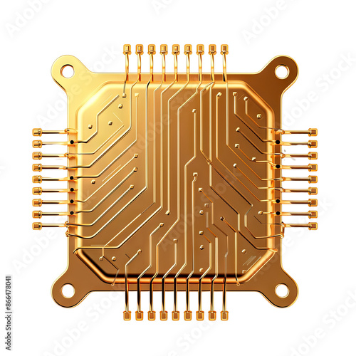 Gold colored microchip, close-up view. High-tech electronic component, square microprocessor with intricate circuitry on black background. photo